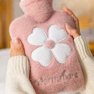 1pc Flower Embroidered Fuzzy Hot Water Bag, Soft Comfortable Cover Hot Water Bag For Winter Pink