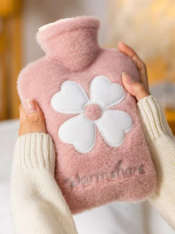 1pc Flower Embroidered Fuzzy Hot Water Bag, Soft Comfortable Cover Hot Water Bag For Winter Pink