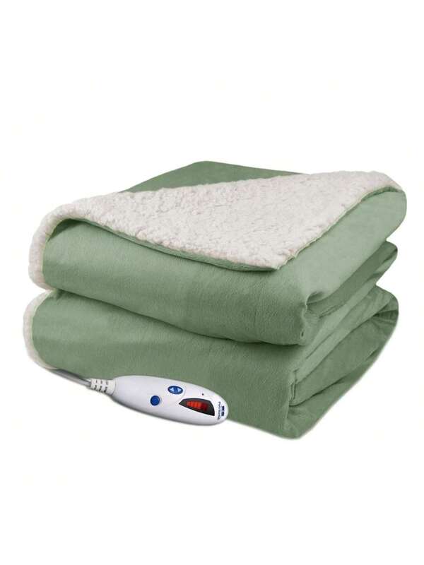 Pure Warmth Velour Sherpa Electric Heated Warming Throw Blanket Sage Green